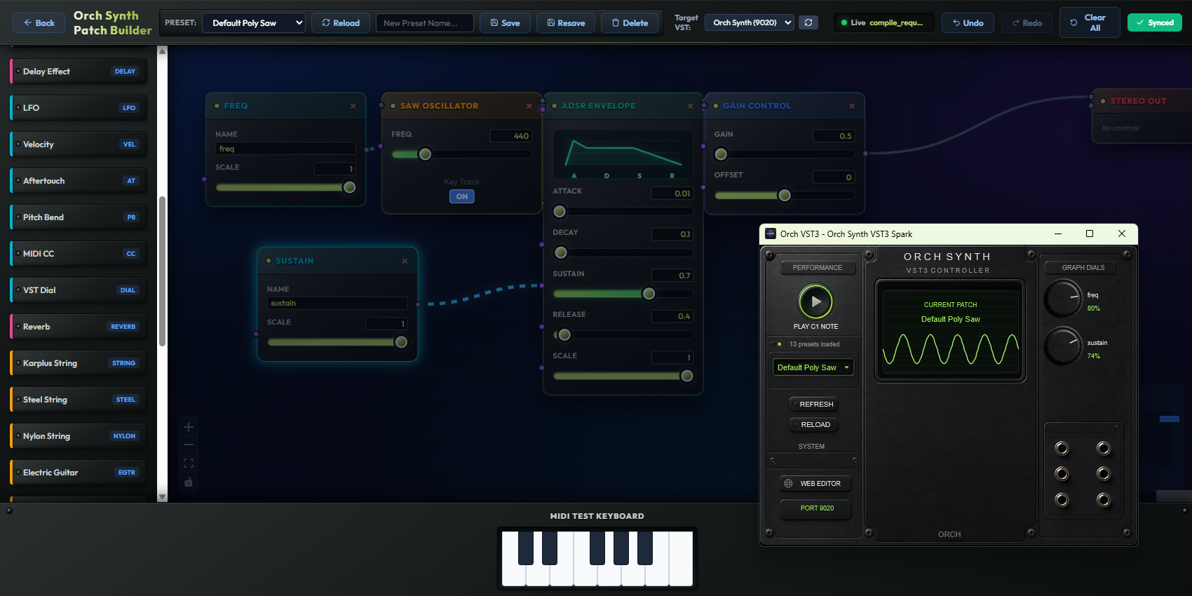 Orch Synth Patch Builder showing oscillator, mixer, ADSR envelope, gain control, lowpass filter, and velocity nodes connected on the canvas