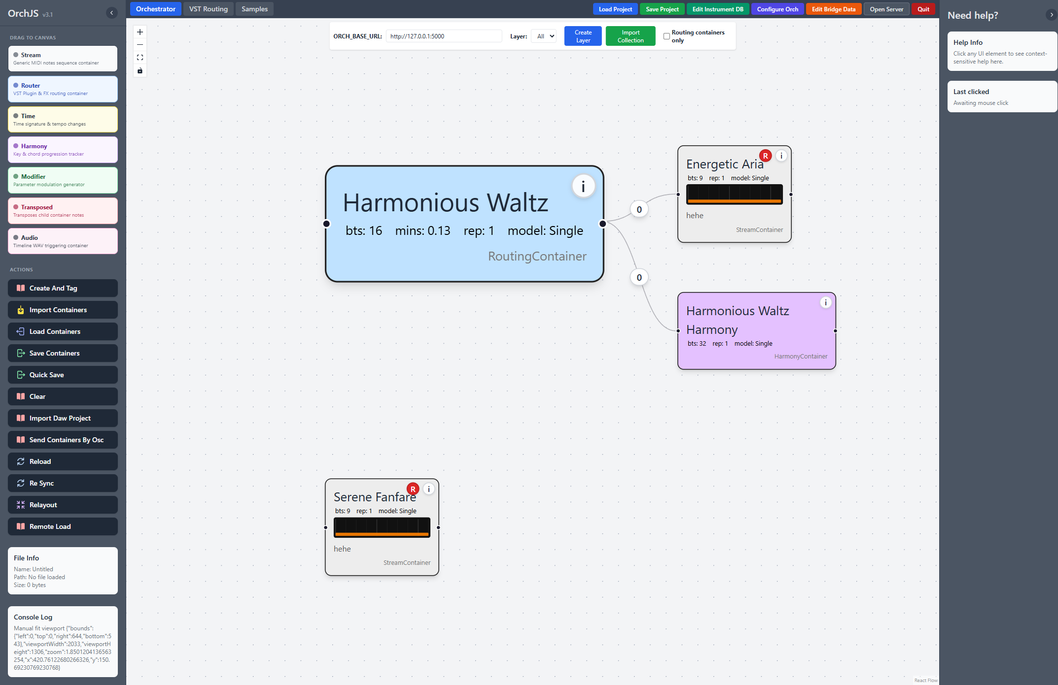 Orch orchestration canvas with node-based composition controls
