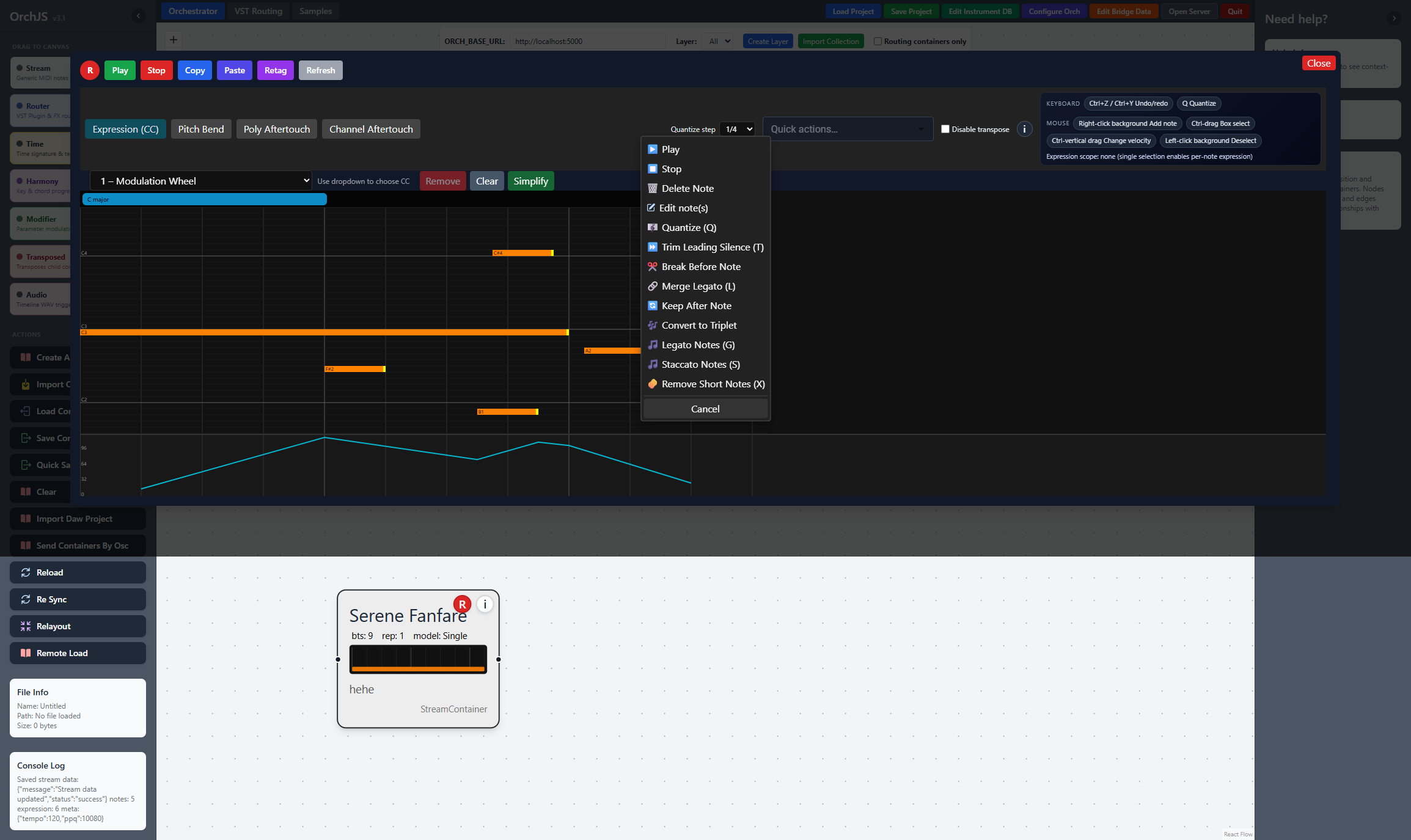 Orch piano roll editor with notes, expression lanes, and quick actions
