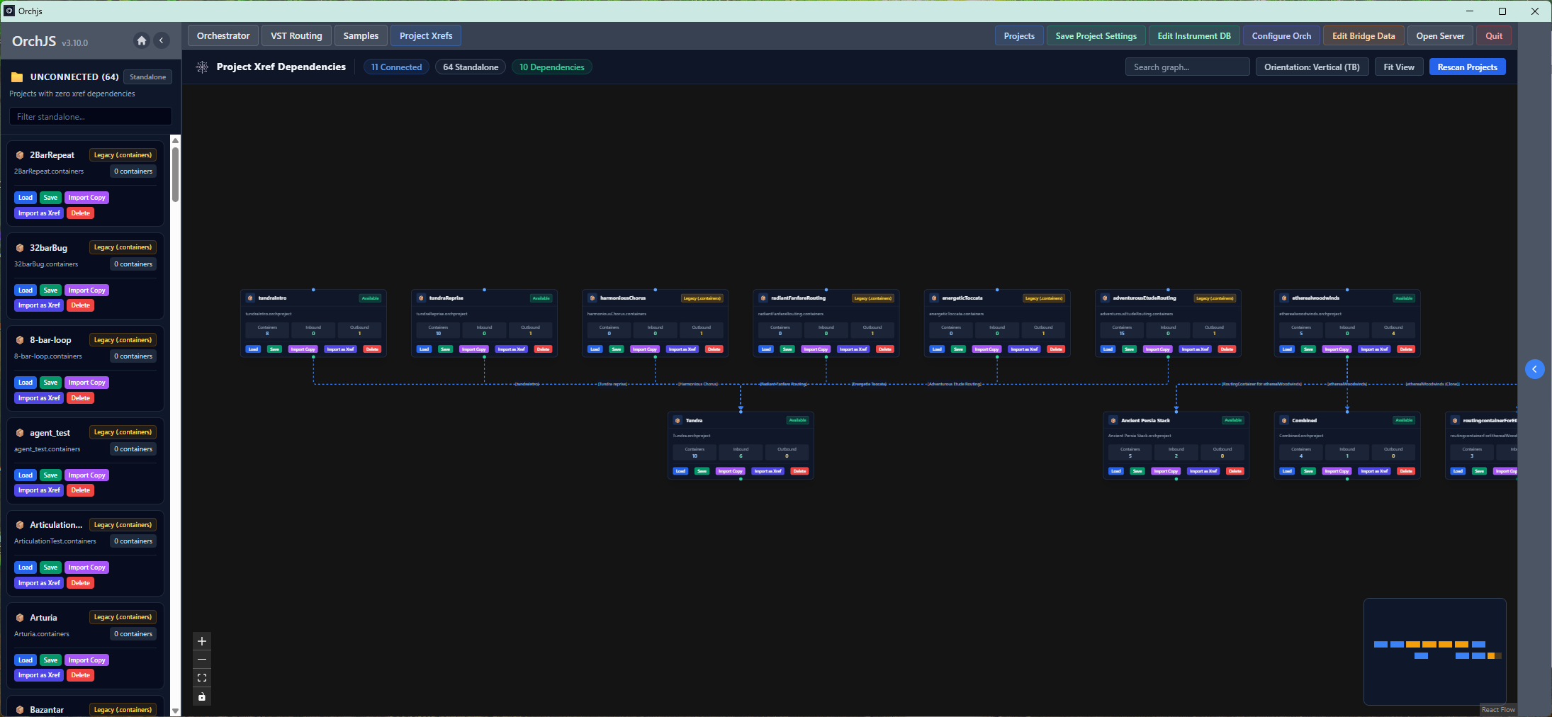 Orch Project Xrefs canvas showing dependencies between linked projects