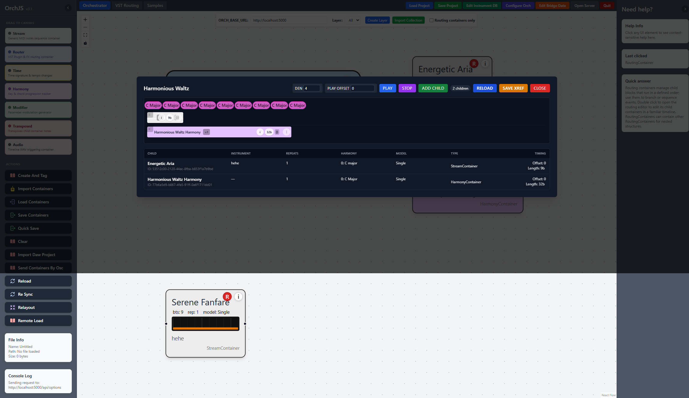 Orch routing container timeline showing child blocks and playback controls