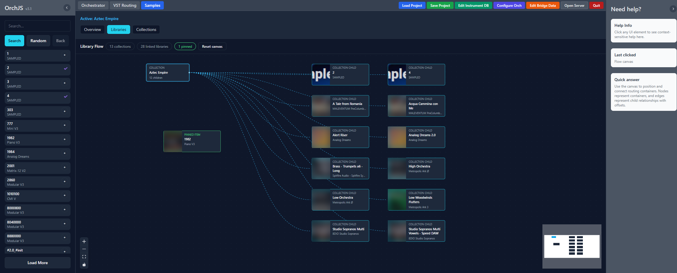 Orch sample browser and library flow canvas