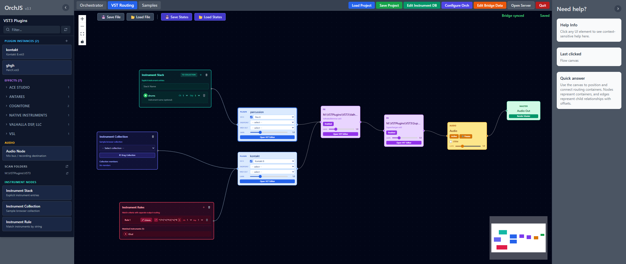 Orch VST routing canvas with instrument and audio nodes